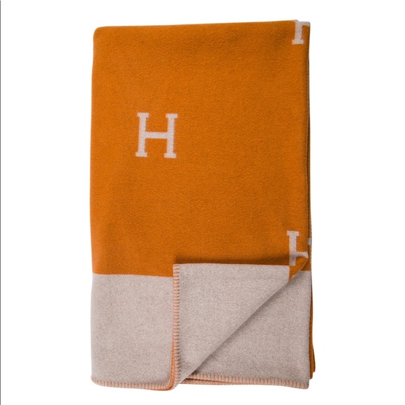 Hermès AVALON ORANGE &grey wool & cashmere blanket - Picture 4 of 8